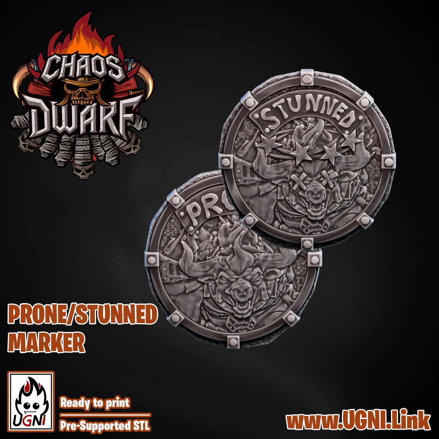 Magma Chaos Dwarf Team - Prone Markers (2pcs) | UGNI Miniatures | Resin