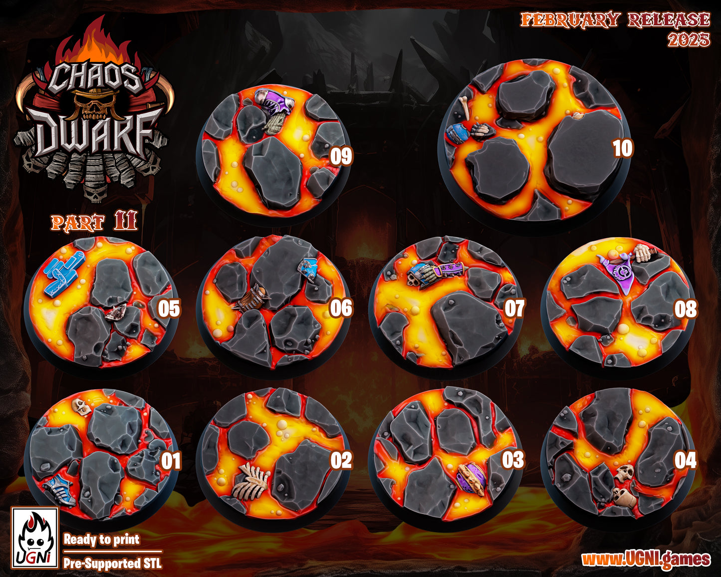 Magma Chaos Dwarf Team - Team Bases (10pcs) | UGNI Miniatures | Resin